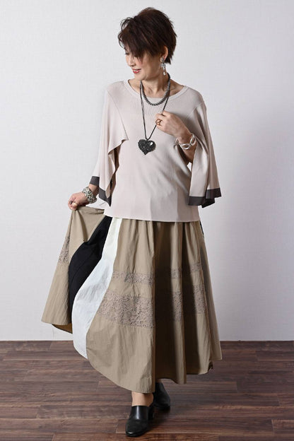 ケープスリーブ・ハイゲージニット+レース切り替えフレアスカート2点セットコーデ
