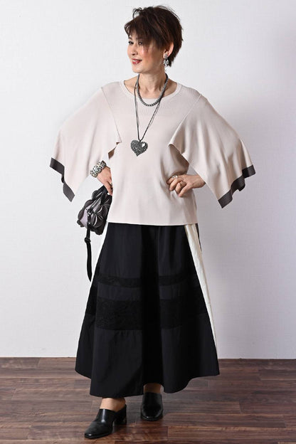 ケープスリーブ・ハイゲージニット+レース切り替えフレアスカート2点セットコーデ
