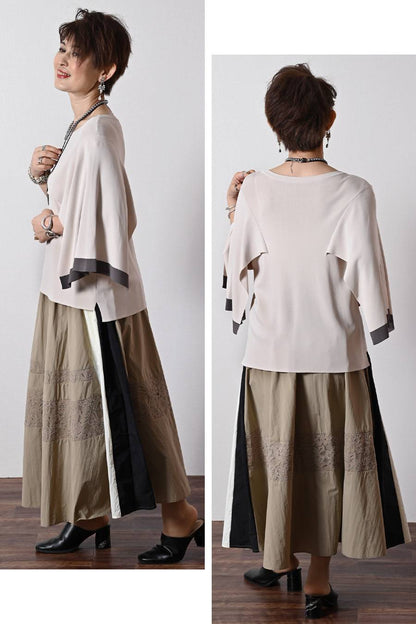 ケープスリーブ・ハイゲージニット+レース切り替えフレアスカート2点セットコーデ