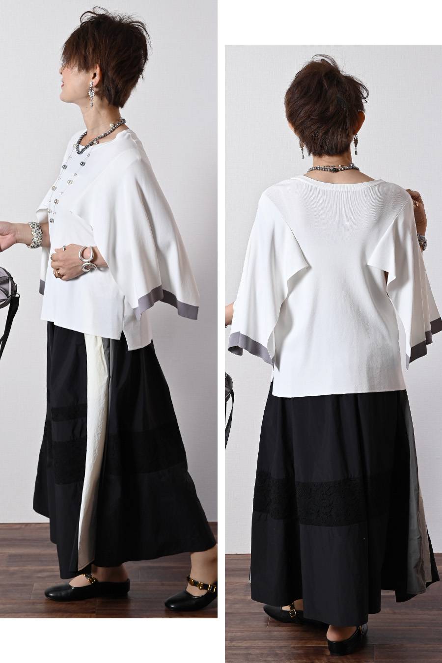 ケープスリーブ・ハイゲージニット+レース切り替えフレアスカート2点セットコーデ