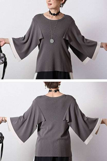 ケープスリーブ・ハイゲージニット+レース切り替えフレアスカート2点セットコーデ