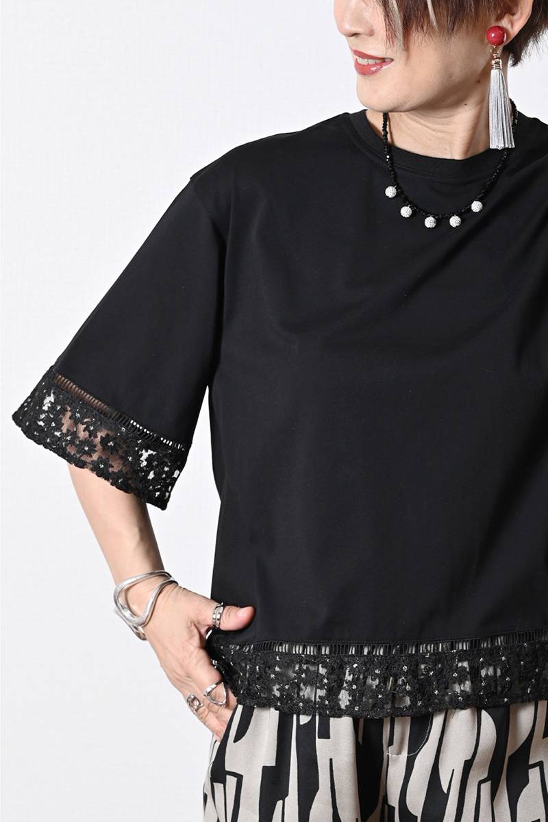 オーガンジーラメ糸刺繍トリミングカットソー