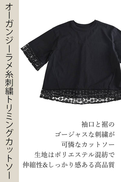 オーガンジーラメ糸刺繍トリミングカットソー