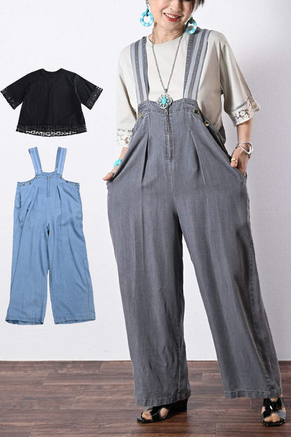 オーガンジーラメ糸刺繍カットソー+ワイドサロペット２点セットコーデ