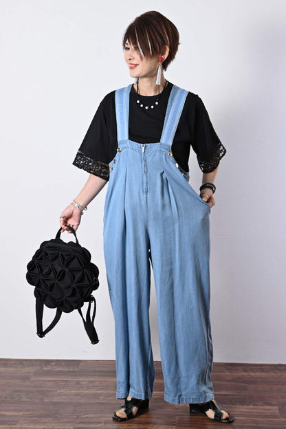 オーガンジーラメ糸刺繍カットソー+ワイドサロペット２点セットコーデ