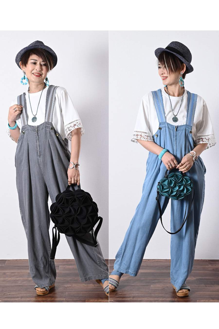 オーガンジーラメ糸刺繍カットソー+ワイドサロペット２点セットコーデ