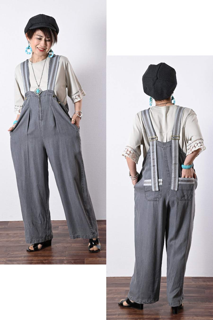 オーガンジーラメ糸刺繍カットソー+ワイドサロペット２点セットコーデ