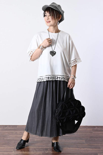 オーガンジーラメ糸刺繍カットソー+ワイドサロペット２点セットコーデ