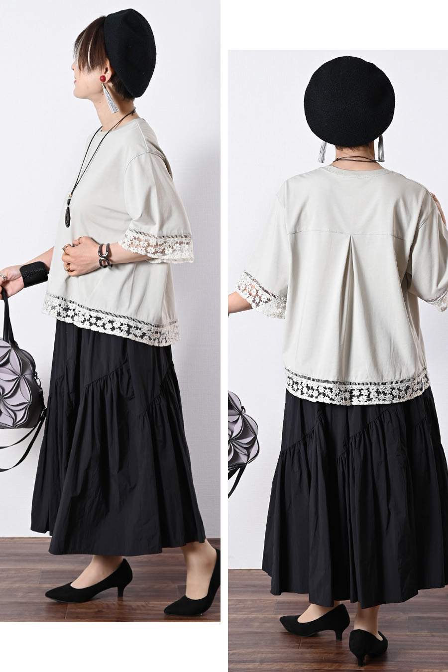 オーガンジーラメ糸刺繍カットソー+ワイドサロペット２点セットコーデ