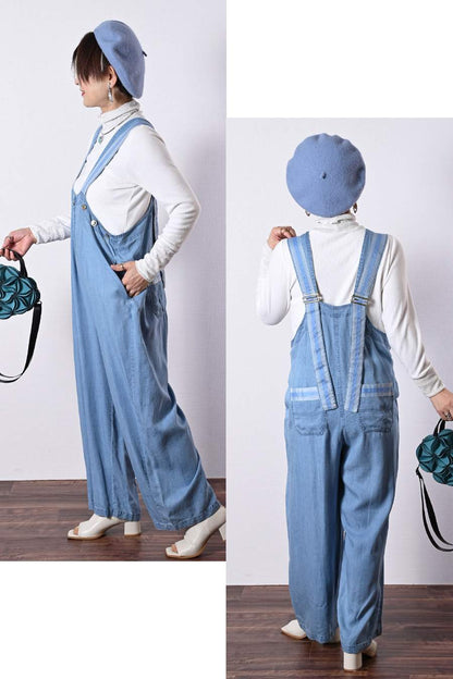 オーガンジーラメ糸刺繍カットソー+ワイドサロペット２点セットコーデ