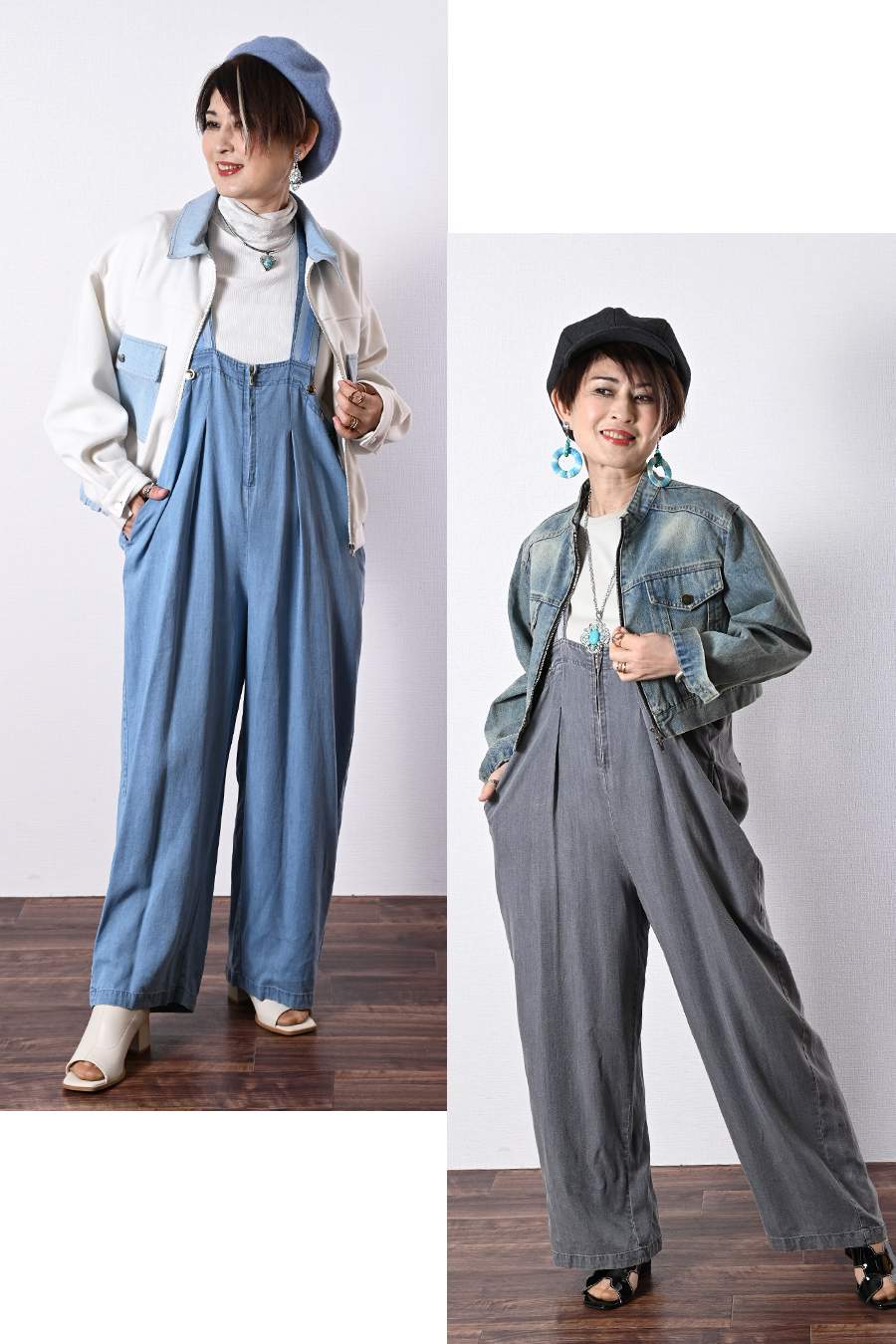 オーガンジーラメ糸刺繍カットソー+ワイドサロペット２点セットコーデ