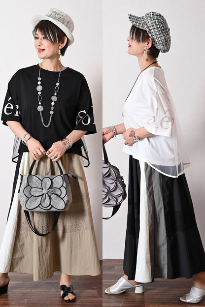 袖口ロゴプリント背面チュールプルオーバー+トリコロール＆レース切り替えフレアスカート 2点セットコーデ