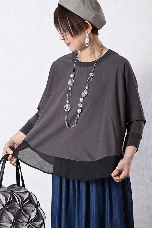 上質コットンシルケット シアー切り替えプルオーバー