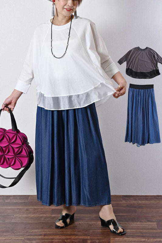 シアー切り替えプルオーバー＋セルロースデニムワイドパンツ2点セットコーデ