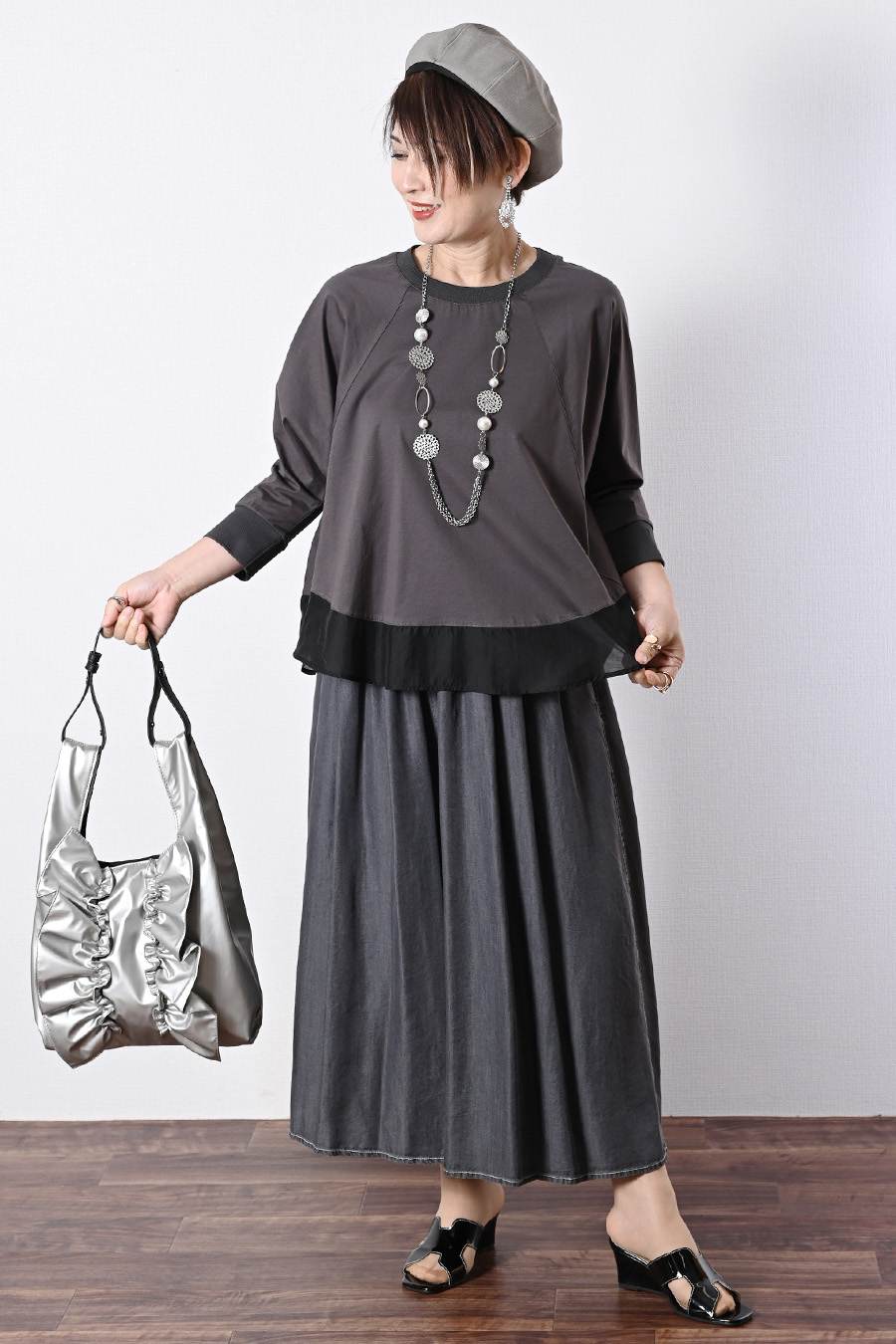 シアー切り替えプルオーバー＋セルロースデニムワイドパンツ2点セットコーデ