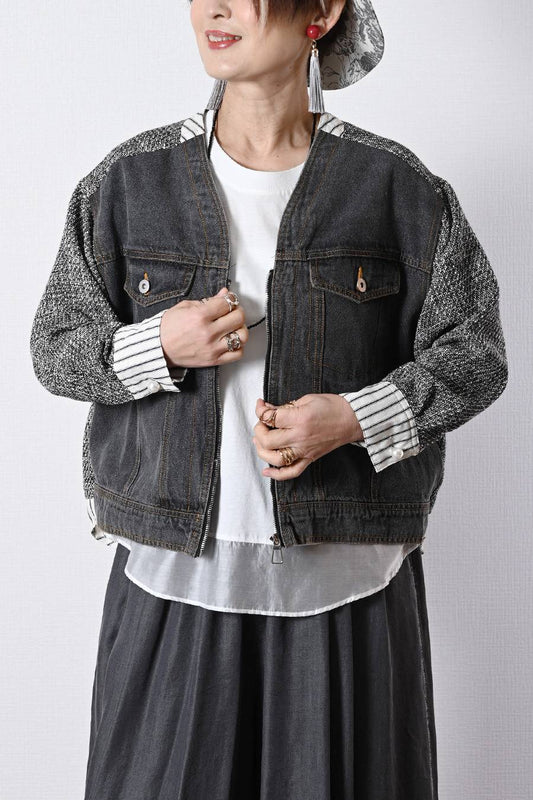 デニム×ツイード切り替えジャケット