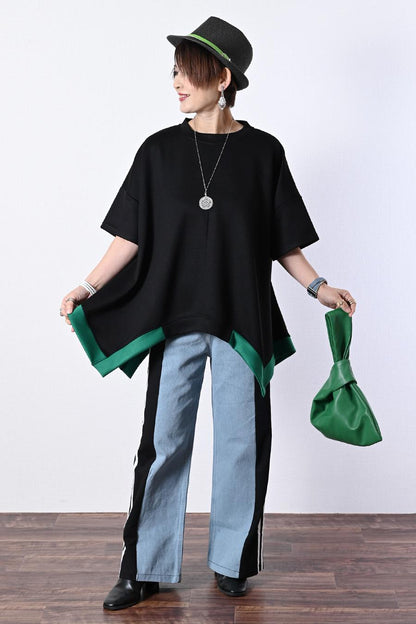 バイカラー配色イレギュラーヘムプルオーバー