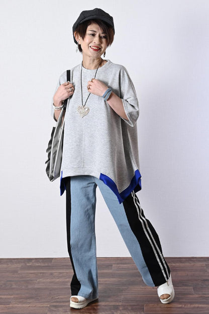 バイカラー配色イレギュラーヘムプルオーバー