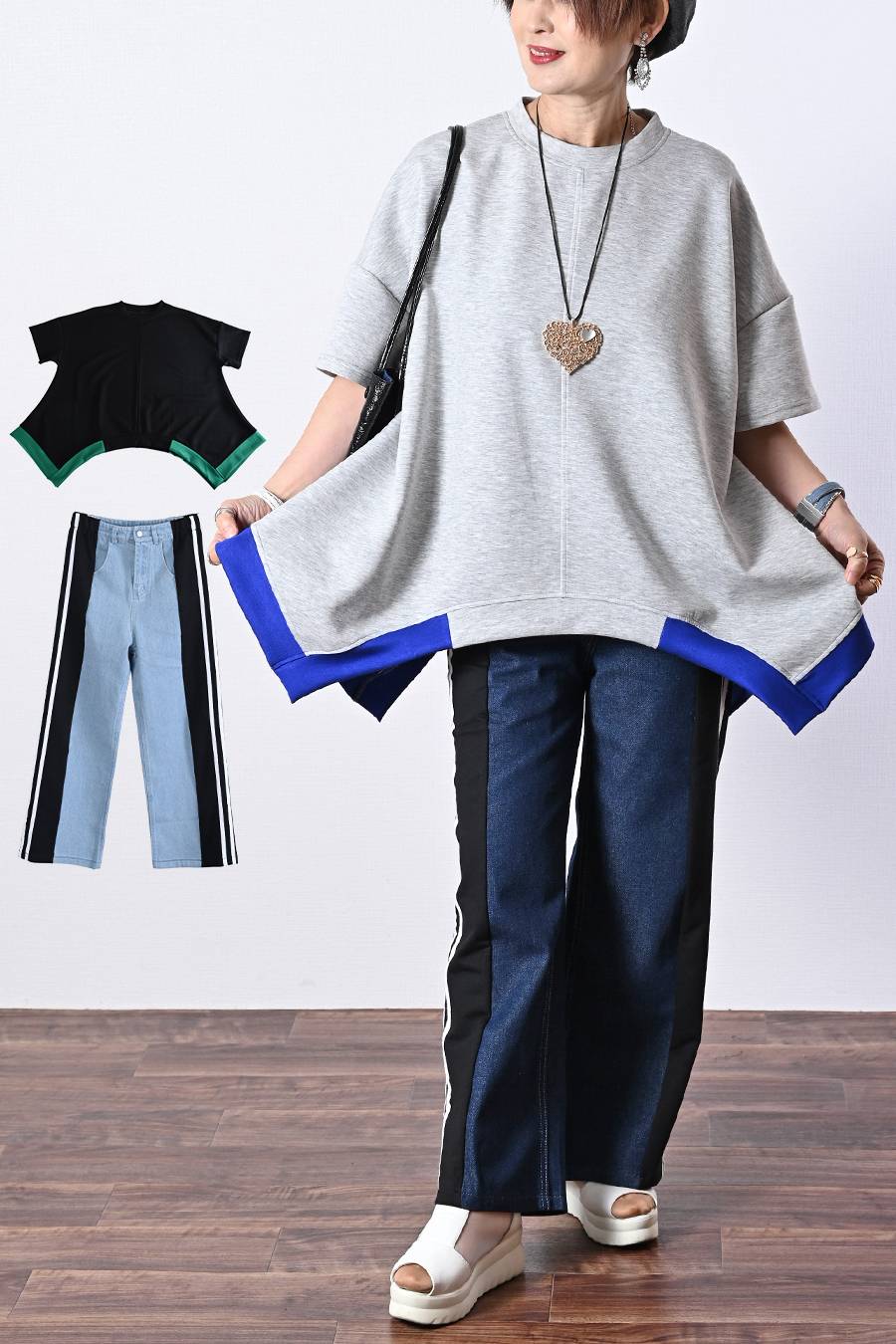 レギュラーヘムプルオーバー＋デニム＆カットソー切り替えパンツ