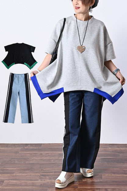 レギュラーヘムプルオーバー＋デニム＆カットソー切り替えパンツ