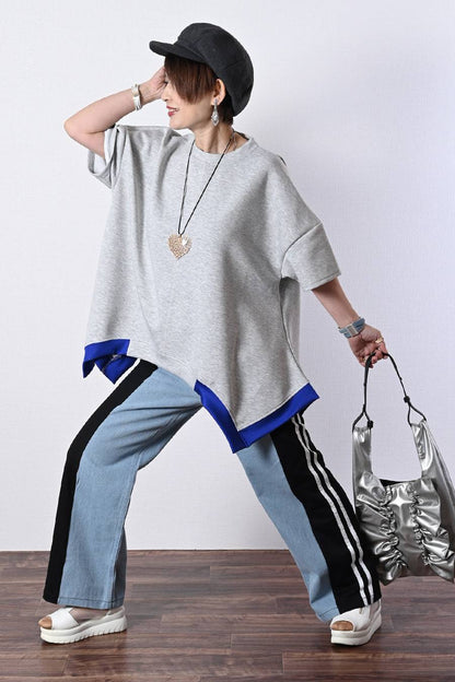 レギュラーヘムプルオーバー＋デニム＆カットソー切り替えパンツ