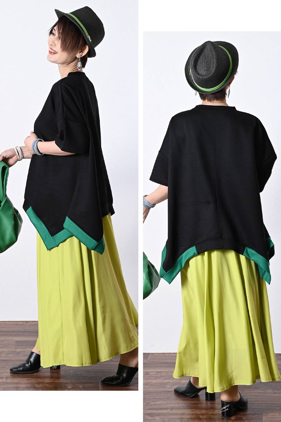 レギュラーヘムプルオーバー＋デニム＆カットソー切り替えパンツ