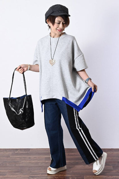 レギュラーヘムプルオーバー＋デニム＆カットソー切り替えパンツ