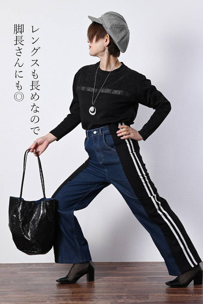 レギュラーヘムプルオーバー＋デニム＆カットソー切り替えパンツ