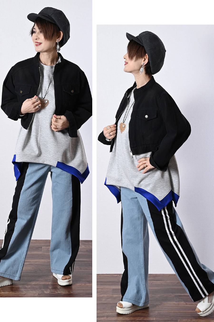 レギュラーヘムプルオーバー＋デニム＆カットソー切り替えパンツ