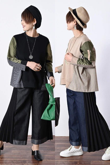 ポンチ切り替えプルオーバー＋サイドプリーツワイドパンツ2点セットコーデ【2月中旬以降発送予定】