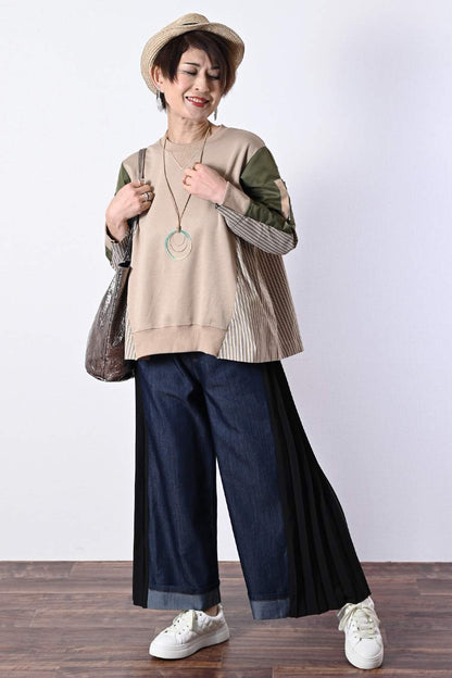 ポンチ切り替えプルオーバー＋サイドプリーツワイドパンツ2点セットコーデ【2月中旬以降発送予定】