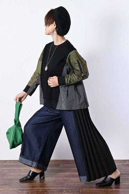 ポンチ切り替えプルオーバー＋サイドプリーツワイドパンツ2点セットコーデ【2月中旬以降発送予定】