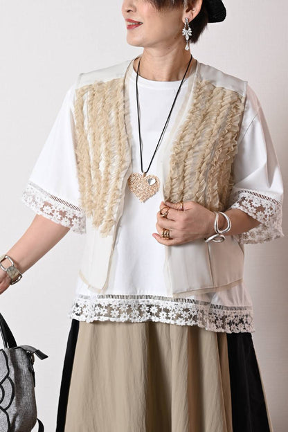 オーガンジーラメ糸刺繍トリミングカットソー+チュールフリル デザインベスト2点セットコーデ