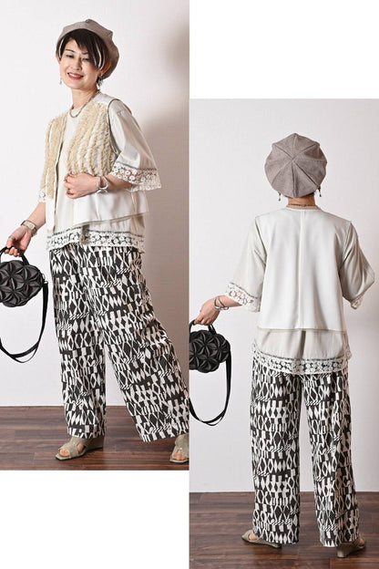 オーガンジーラメ糸刺繍トリミングカットソー+チュールフリル デザインベスト2点セットコーデ