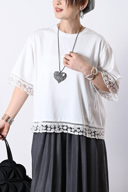 オーガンジーラメ糸刺繍トリミングカットソー+チュールフリル デザインベスト2点セットコーデ