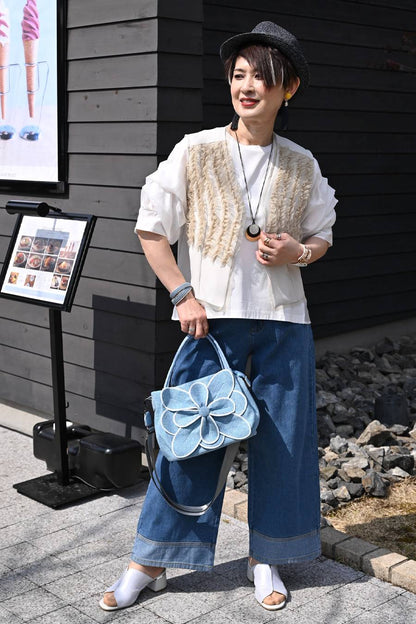 オーガンジーラメ糸刺繍トリミングカットソー+チュールフリル デザインベスト2点セットコーデ