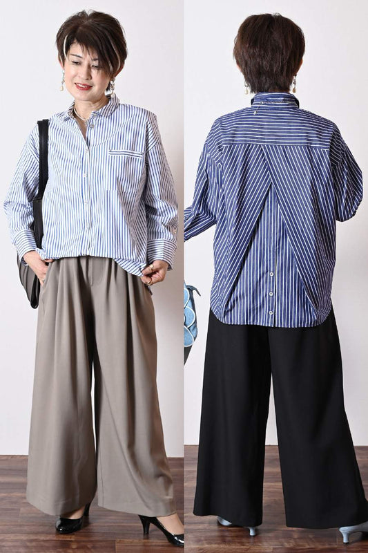 フロント丈アジャスタブルブラウス+リブウエスト・ストレッチワイドパンツ2点セットコーデ