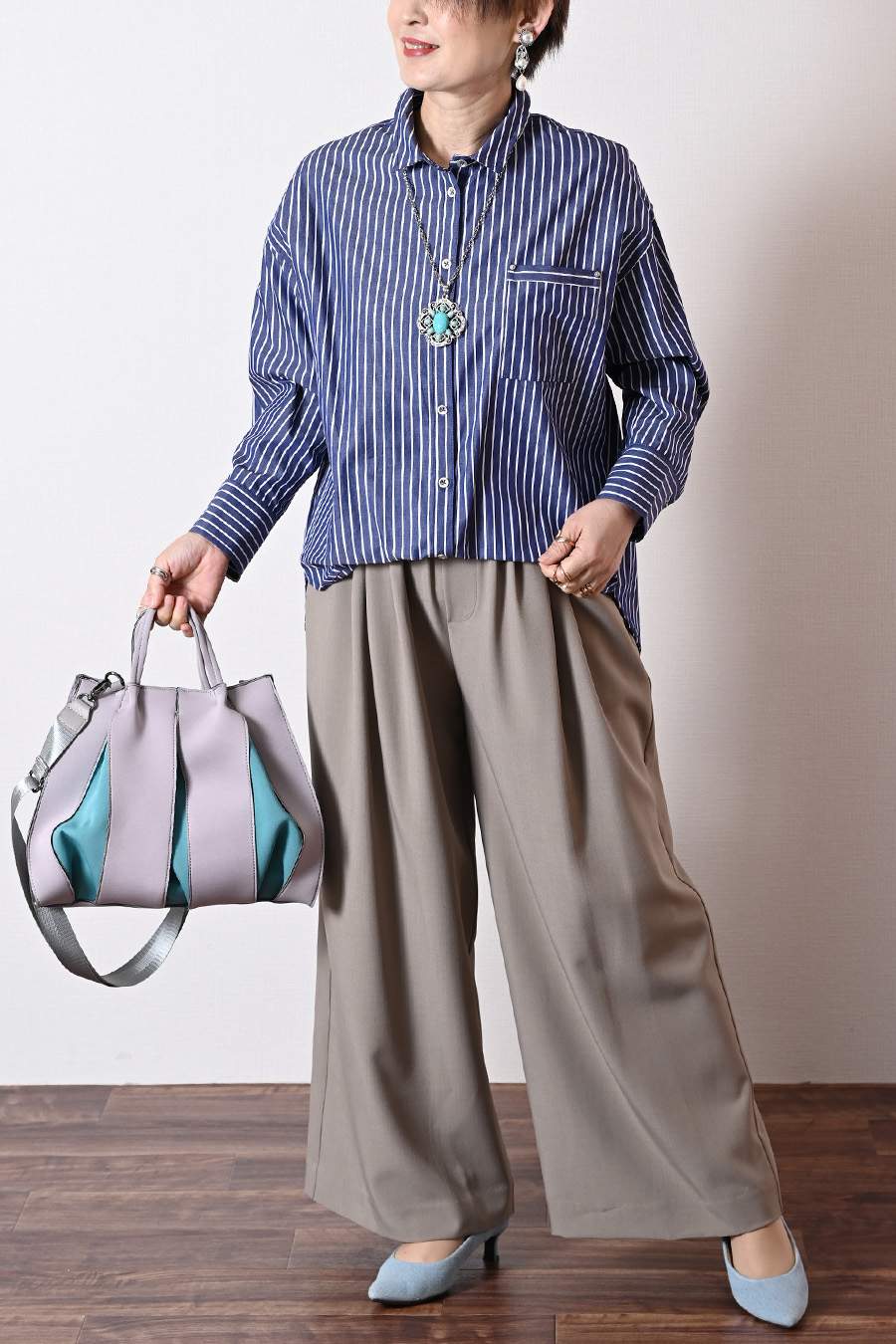 フロント丈アジャスタブルブラウス+リブウエスト・ストレッチワイドパンツ2点セットコーデ