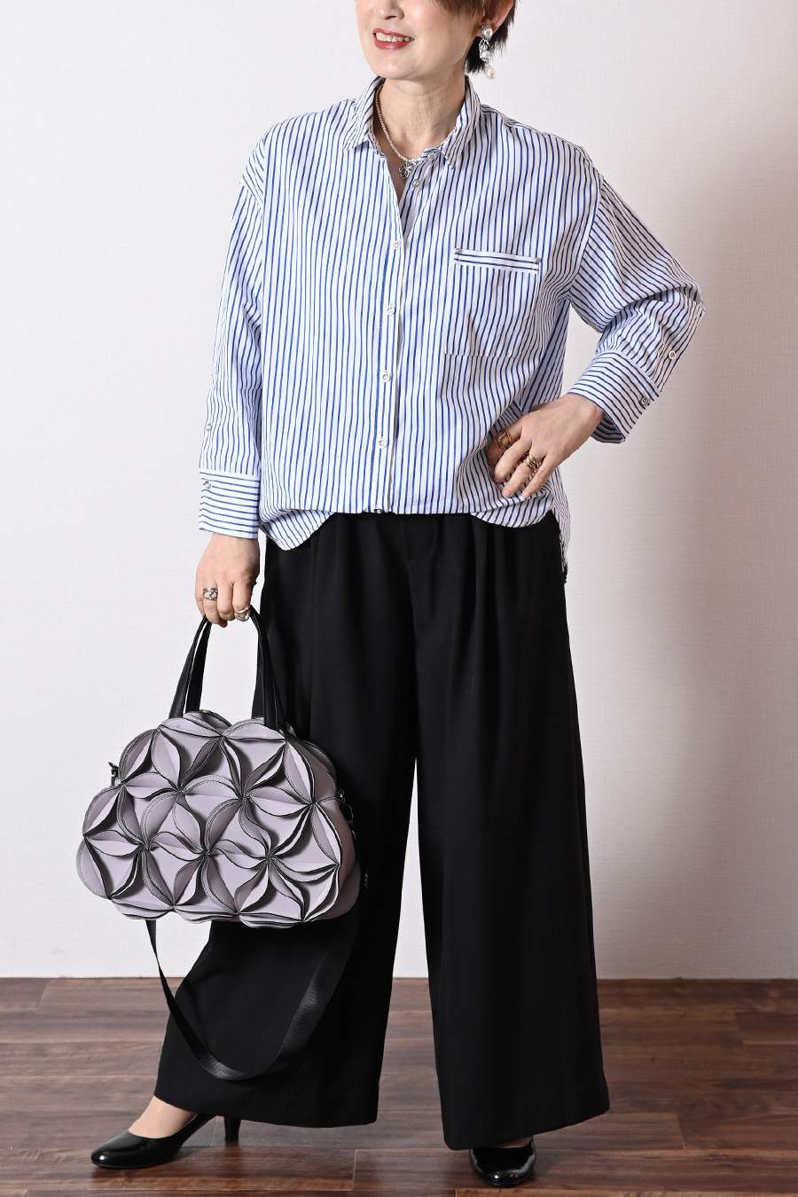 フロント丈アジャスタブルブラウス+リブウエスト・ストレッチワイドパンツ2点セットコーデ