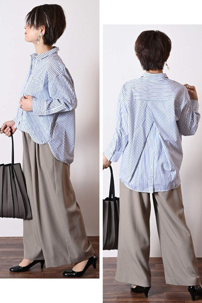 フロント丈アジャスタブルブラウス+リブウエスト・ストレッチワイドパンツ2点セットコーデ