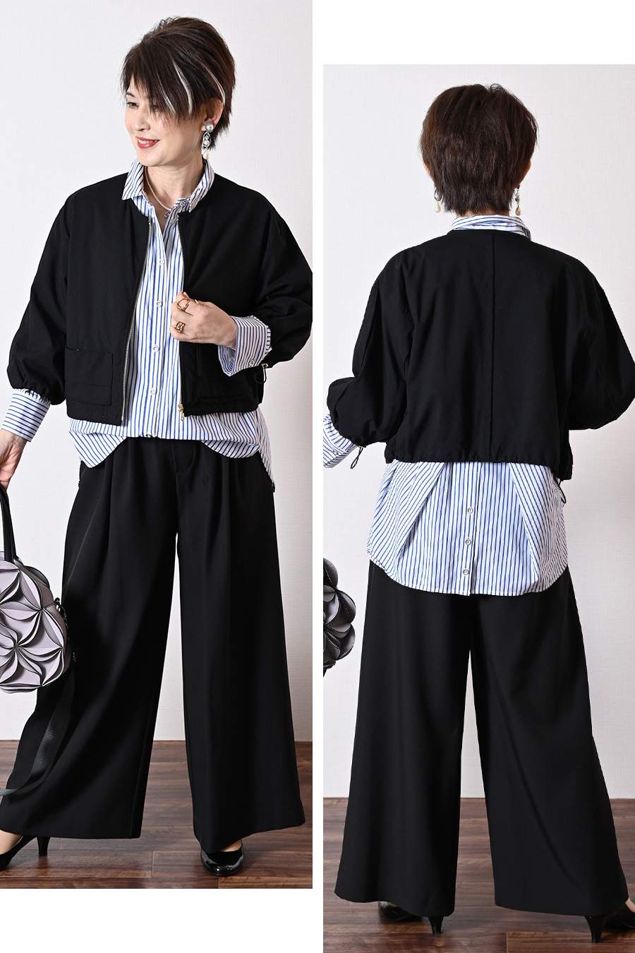 フロント丈アジャスタブルブラウス+リブウエスト・ストレッチワイドパンツ2点セットコーデ