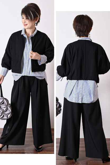 フロント丈アジャスタブルブラウス+リブウエスト・ストレッチワイドパンツ2点セットコーデ