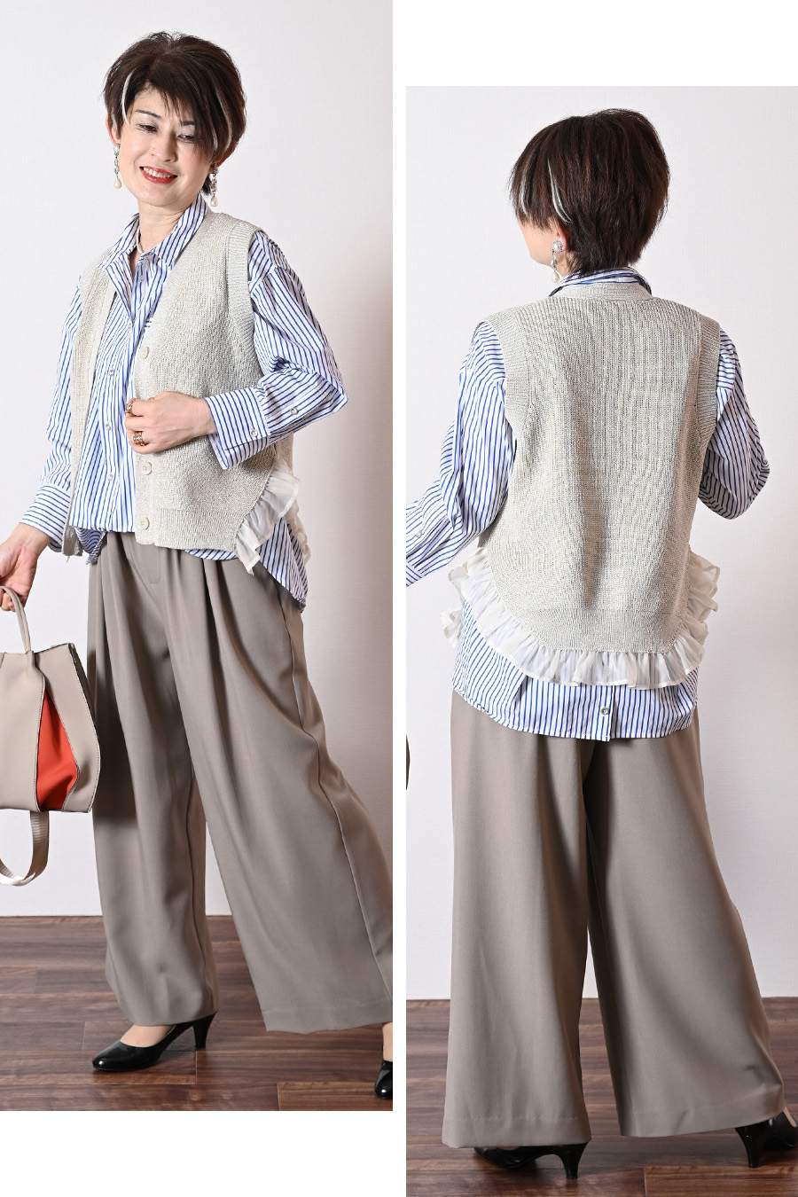 フロント丈アジャスタブルブラウス+リブウエスト・ストレッチワイドパンツ2点セットコーデ