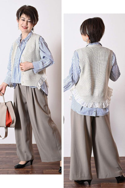 フロント丈アジャスタブルブラウス+リブウエスト・ストレッチワイドパンツ2点セットコーデ