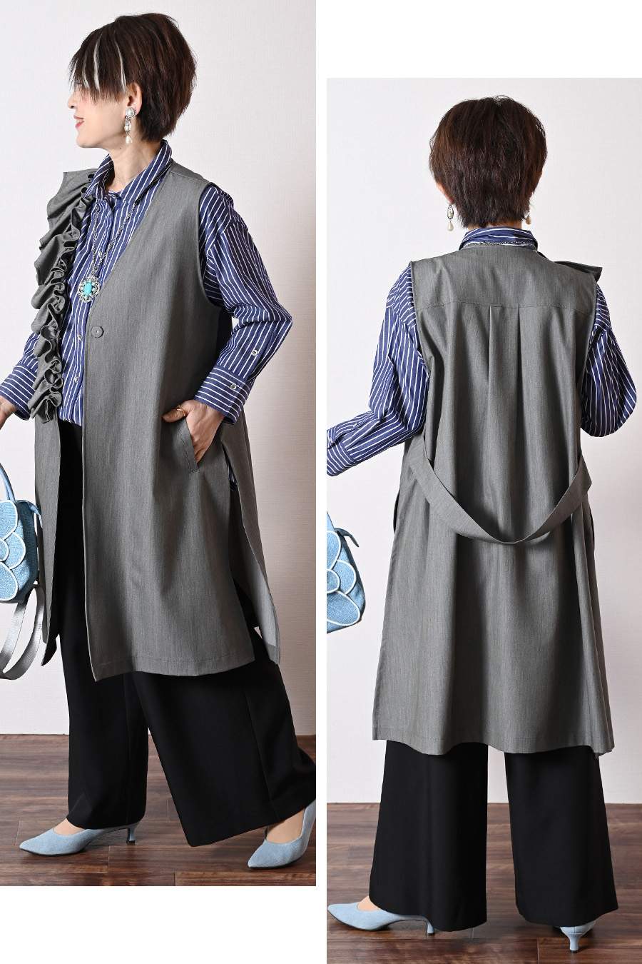 フロント丈アジャスタブルブラウス+リブウエスト・ストレッチワイドパンツ2点セットコーデ