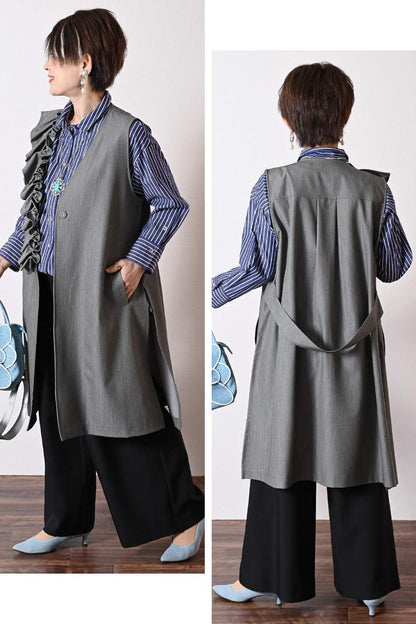 フロント丈アジャスタブルブラウス+リブウエスト・ストレッチワイドパンツ2点セットコーデ