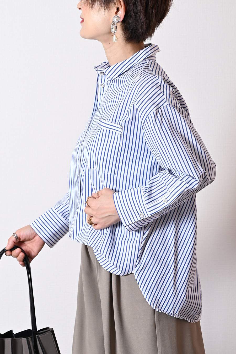 フロント丈アジャスタブルブラウス+リブウエスト・ストレッチワイドパンツ2点セットコーデ