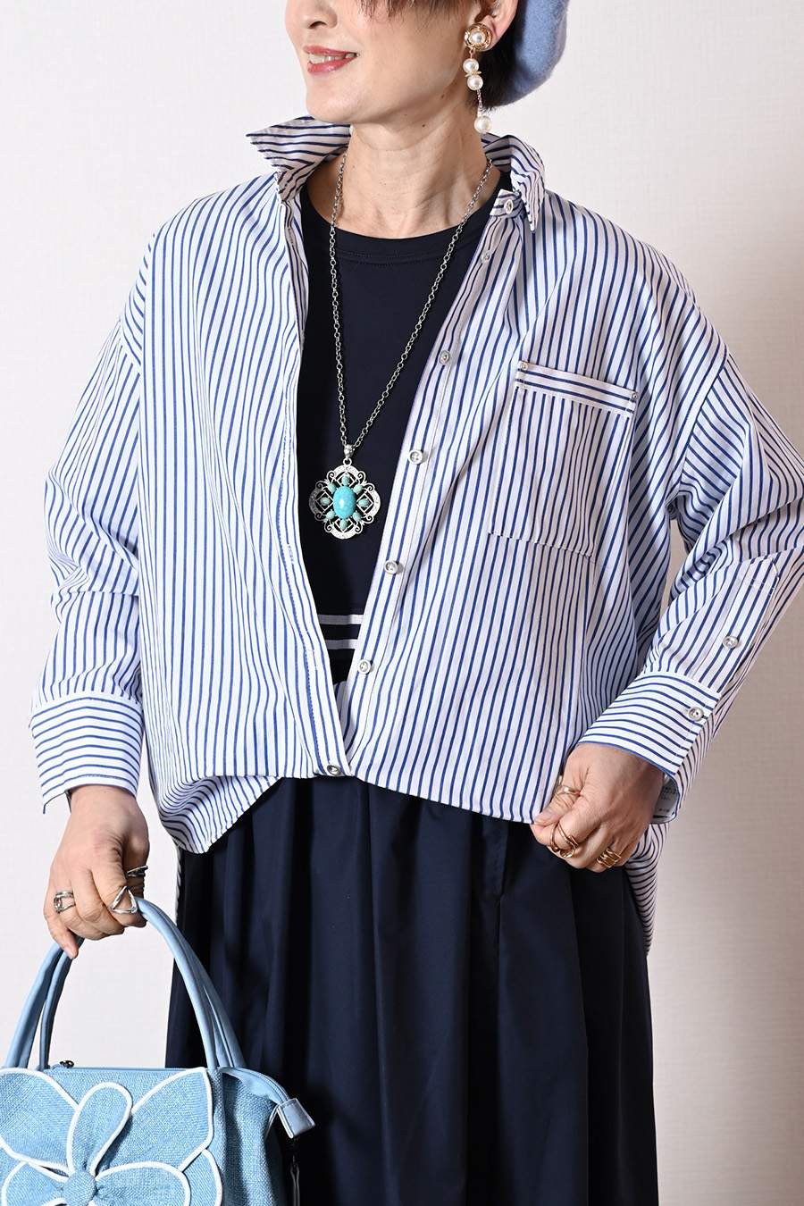 フロント丈アジャスタブルブラウス+リブウエスト・ストレッチワイドパンツ2点セットコーデ