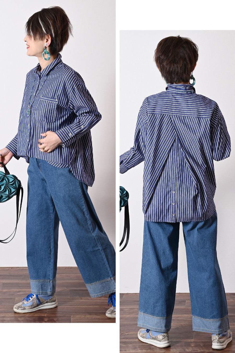 フロント丈アジャスタブルブラウス+リブウエスト・ストレッチワイドパンツ2点セットコーデ