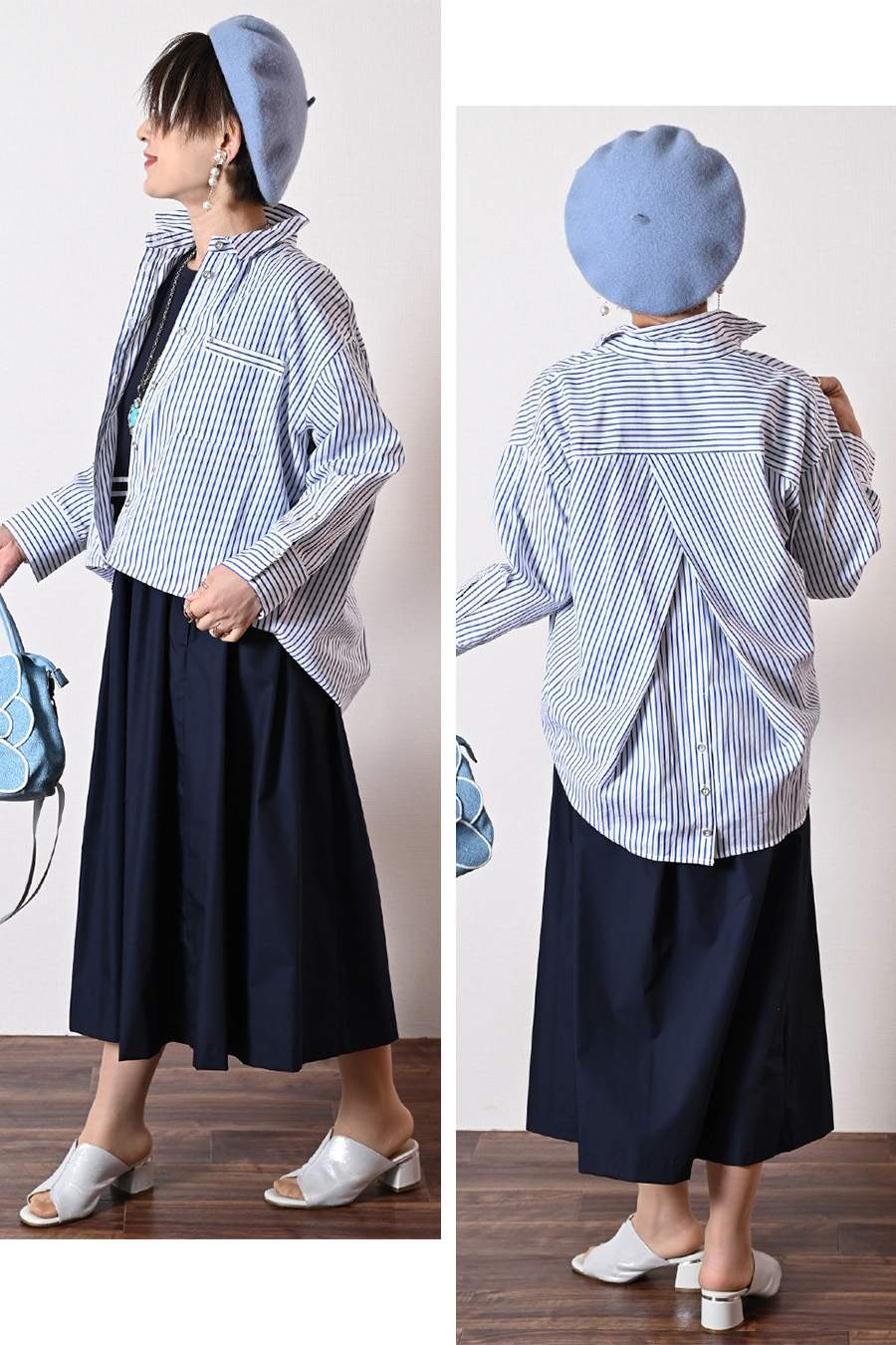 フロント丈アジャスタブルブラウス+リブウエスト・ストレッチワイドパンツ2点セットコーデ